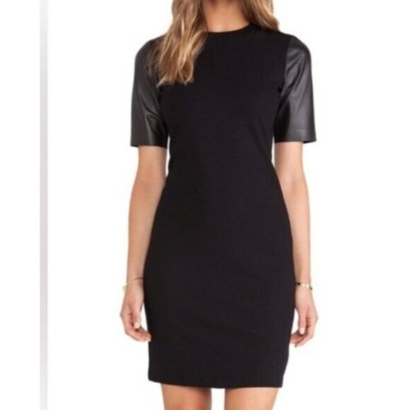 Vince Knit Sheath Knit Dress Short Leather Sleeves Black Size 2 - Picture 2 of 11